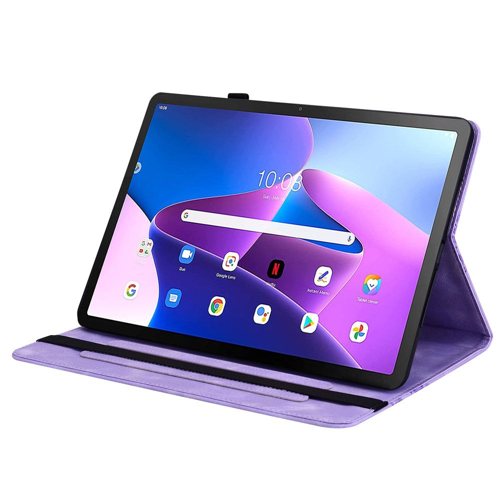 For Lenovo Tab M10 Plus (3rd Gen) Leather Case Heart Imprint Foldable Stand Card Slot Stylus Holder Tablet Cover - Purple