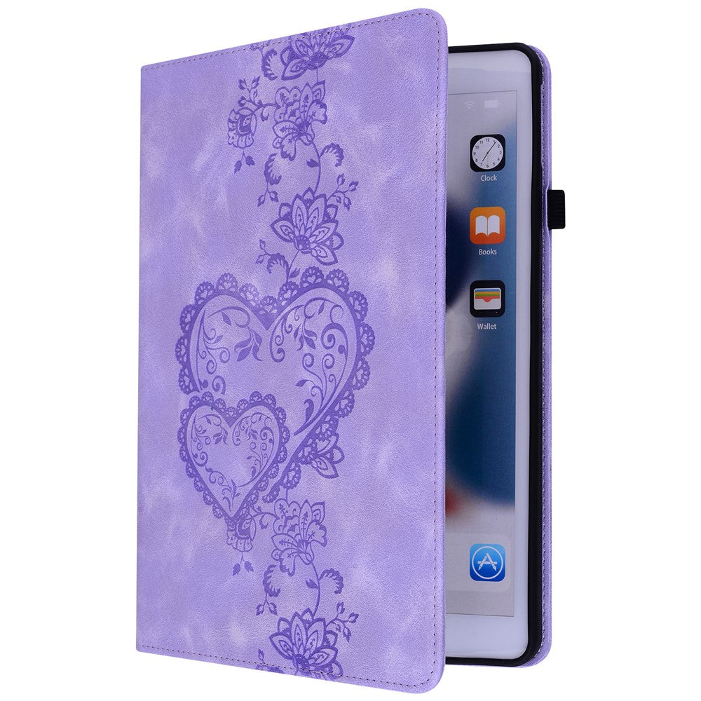 For Lenovo Tab M10 Plus (3rd Gen) Leather Case Heart Imprint Foldable Stand Card Slot Stylus Holder Tablet Cover - Purple
