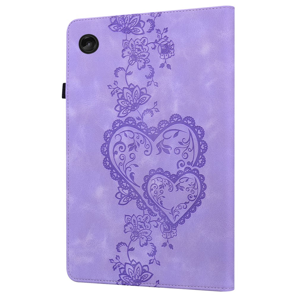 For Lenovo Tab M10 Plus (3rd Gen) Leather Case Heart Imprint Foldable Stand Card Slot Stylus Holder Tablet Cover - Purple
