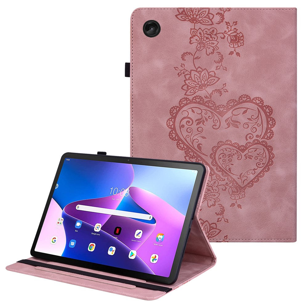 For Lenovo Tab M10 Plus (3rd Gen) Leather Case Heart Imprint Foldable Stand Card Slot Stylus Holder Tablet Cover - Pink
