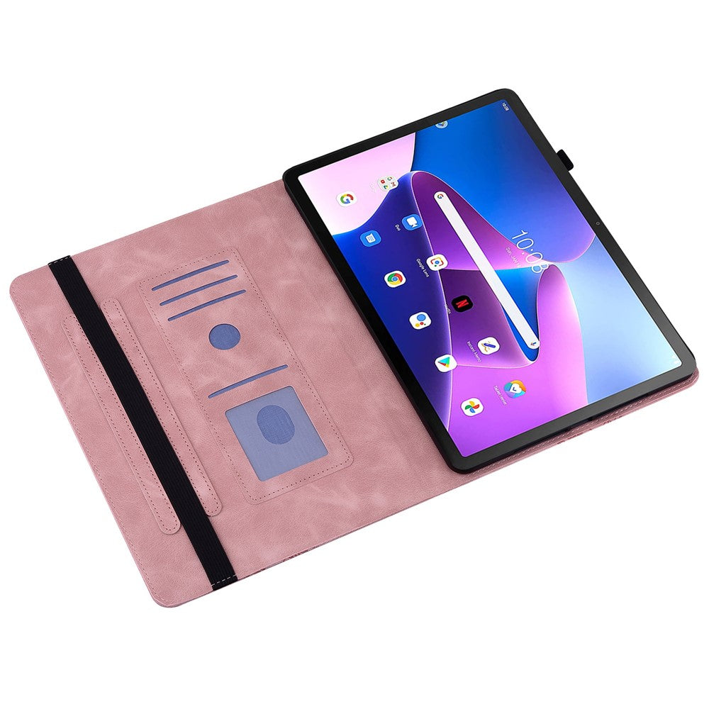 For Lenovo Tab M10 Plus (3rd Gen) Leather Case Heart Imprint Foldable Stand Card Slot Stylus Holder Tablet Cover - Pink