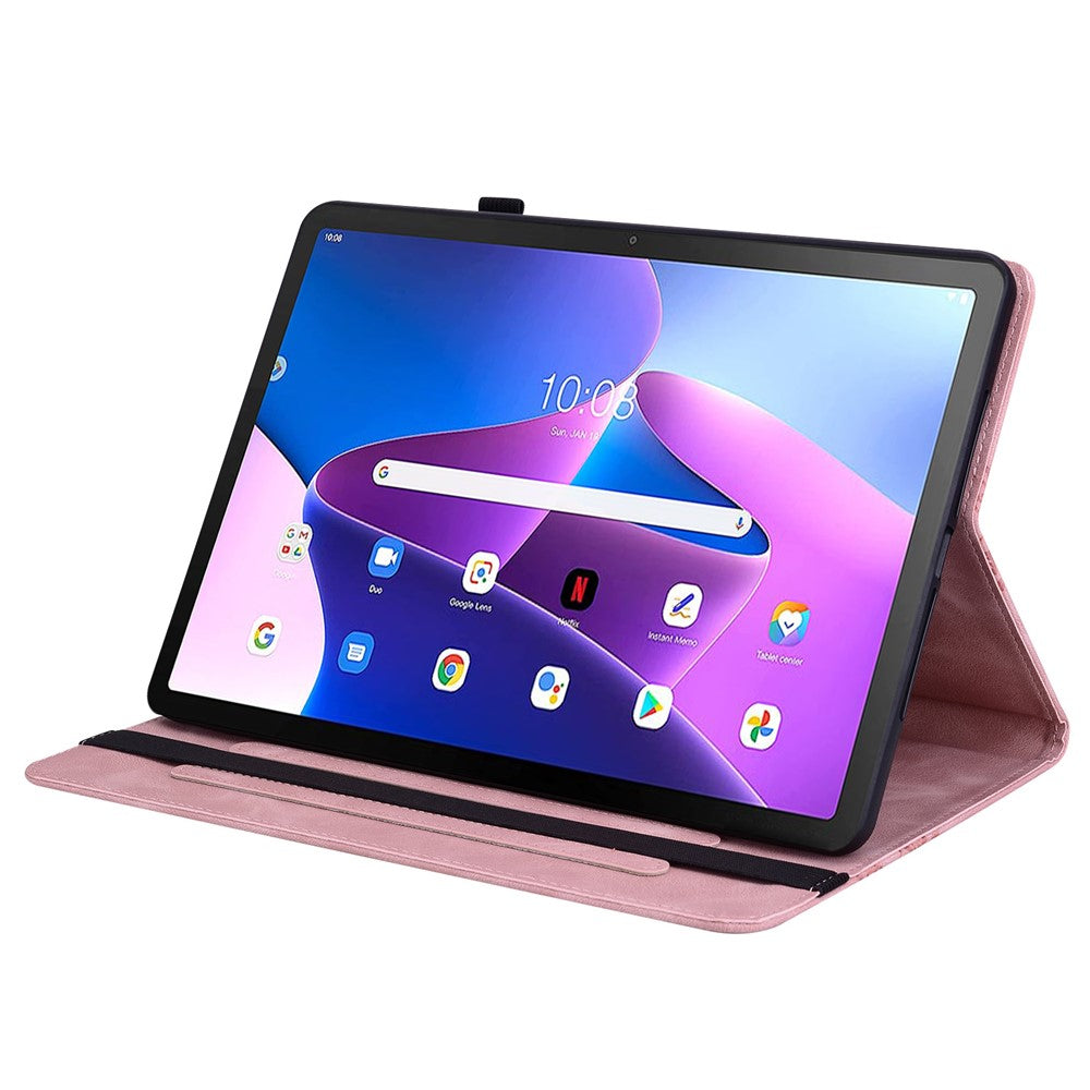 For Lenovo Tab M10 Plus (3rd Gen) Leather Case Heart Imprint Foldable Stand Card Slot Stylus Holder Tablet Cover - Pink