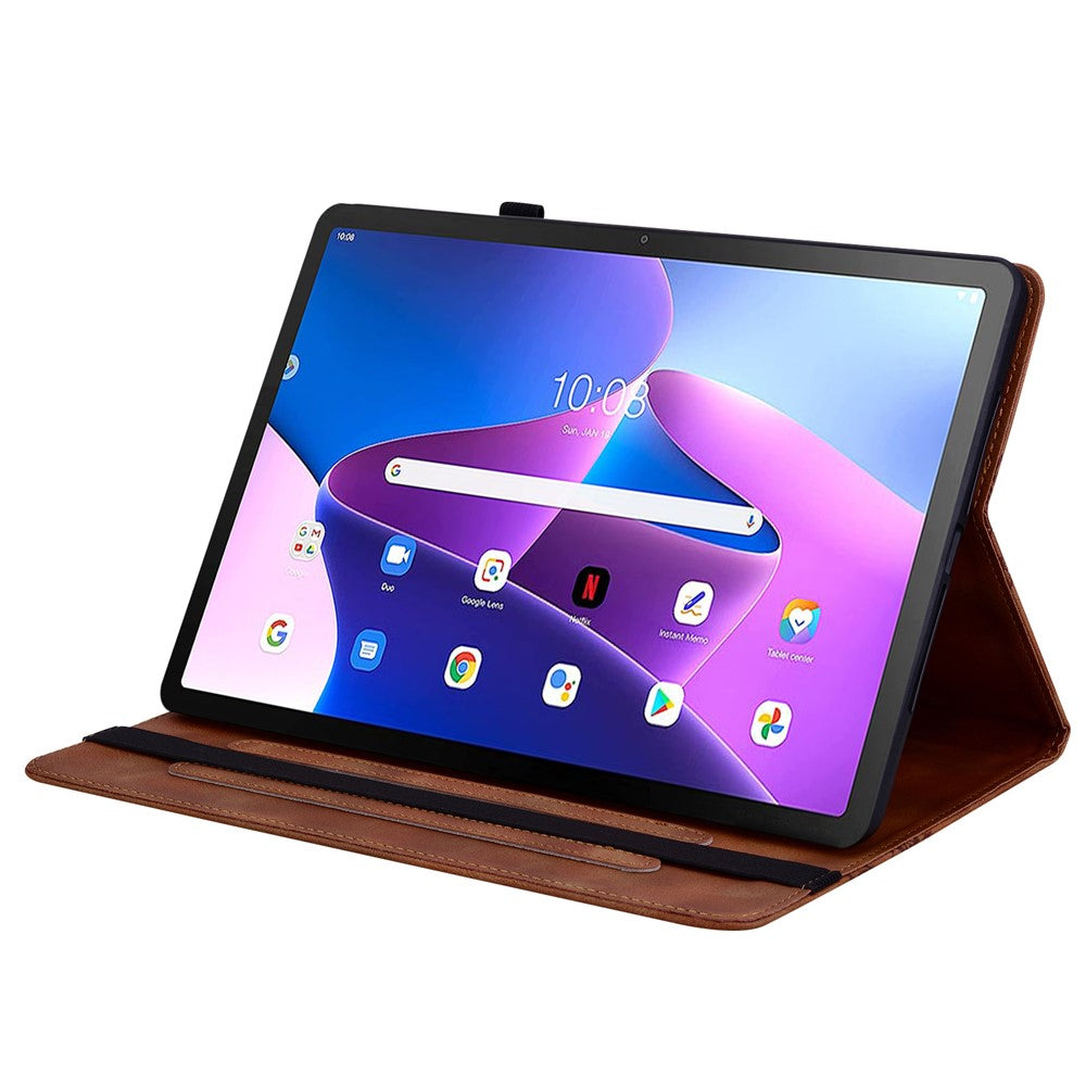 For Lenovo Tab M10 Plus (3rd Gen) Leather Case Heart Imprint Foldable Stand Card Slot Stylus Holder Tablet Cover - Brown