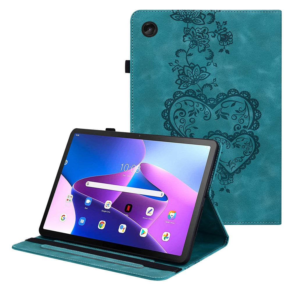 For Lenovo Tab M10 Plus (3rd Gen) Leather Case Heart Imprint Foldable Stand Card Slot Stylus Holder Tablet Cover - Green