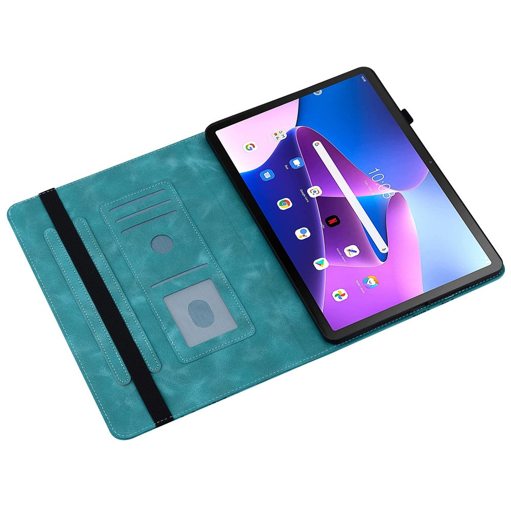 For Lenovo Tab M10 Plus (3rd Gen) Leather Case Heart Imprint Foldable Stand Card Slot Stylus Holder Tablet Cover - Green
