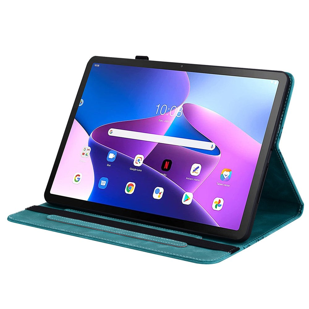 For Lenovo Tab M10 Plus (3rd Gen) Leather Case Heart Imprint Foldable Stand Card Slot Stylus Holder Tablet Cover - Green