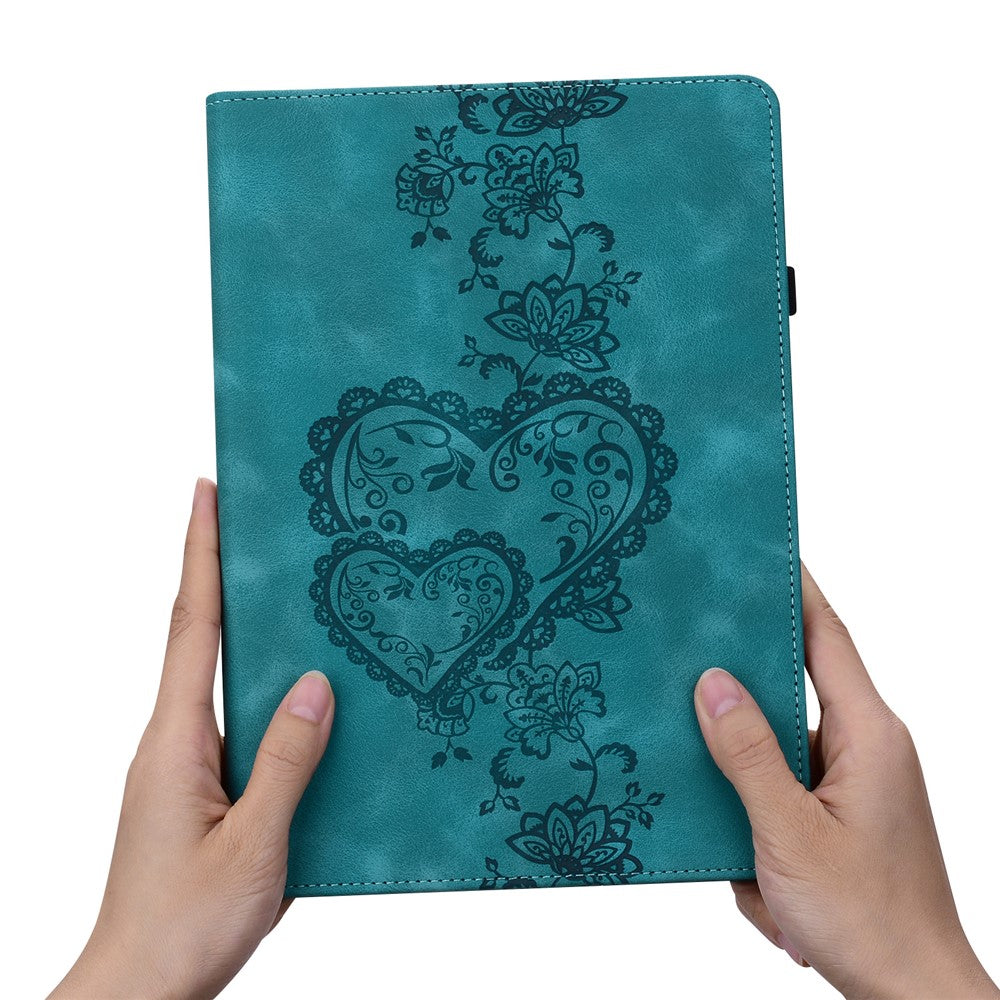 For Lenovo Tab M10 Plus (3rd Gen) Leather Case Heart Imprint Foldable Stand Card Slot Stylus Holder Tablet Cover - Green