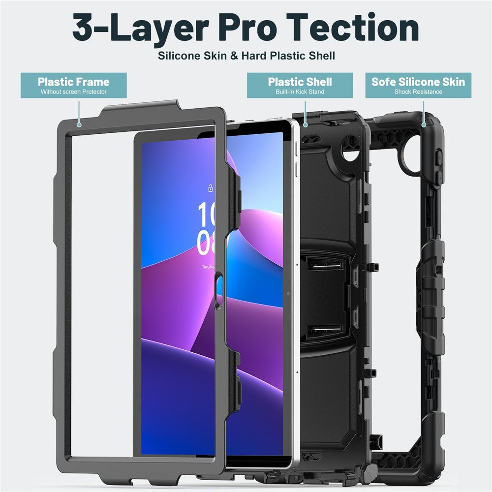 For Lenovo Tab 10.1 (2025) TB-311XU / Tab TB311FU Case Kickstand PC + Silicone Shockproof Tablet Cover with Shoulder Strap - Black