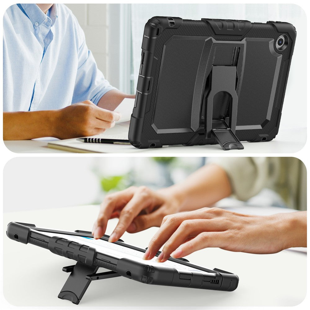 For Lenovo Tab 10.1 (2025) TB-311XU / Tab TB311FU Case Kickstand PC + Silicone Shockproof Tablet Cover with Shoulder Strap - Black