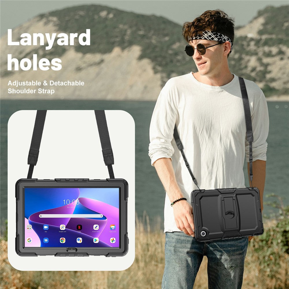 For Lenovo Tab 10.1 (2025) TB-311XU / Tab TB311FU Case Kickstand PC + Silicone Shockproof Tablet Cover with Shoulder Strap - Black