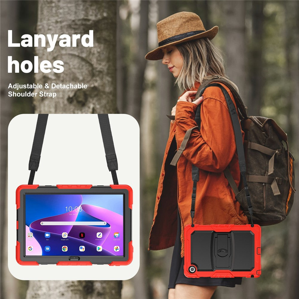 For Lenovo Tab 10.1 (2025) TB-311XU / Tab TB311FU Case Kickstand PC + Silicone Shockproof Tablet Cover with Shoulder Strap - Red