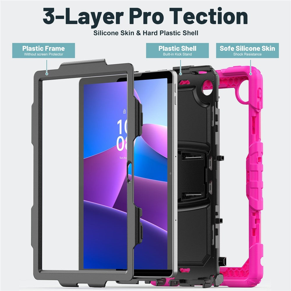 For Lenovo Tab 10.1 (2025) TB-311XU / Tab TB311FU Case Kickstand PC + Silicone Shockproof Tablet Cover with Shoulder Strap - Rose