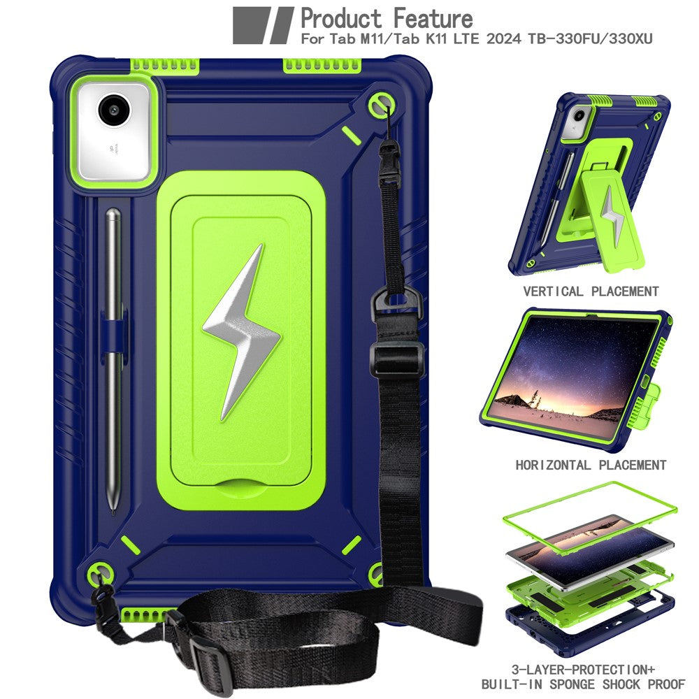 For Lenovo Tab M11 TB330FU / Xiaoxin Pad 11 2024 TB331FC Case Kickstand PC + Silicone Tablet Cover with Shoulder Strap - Navy Blue + Yellowgreen
