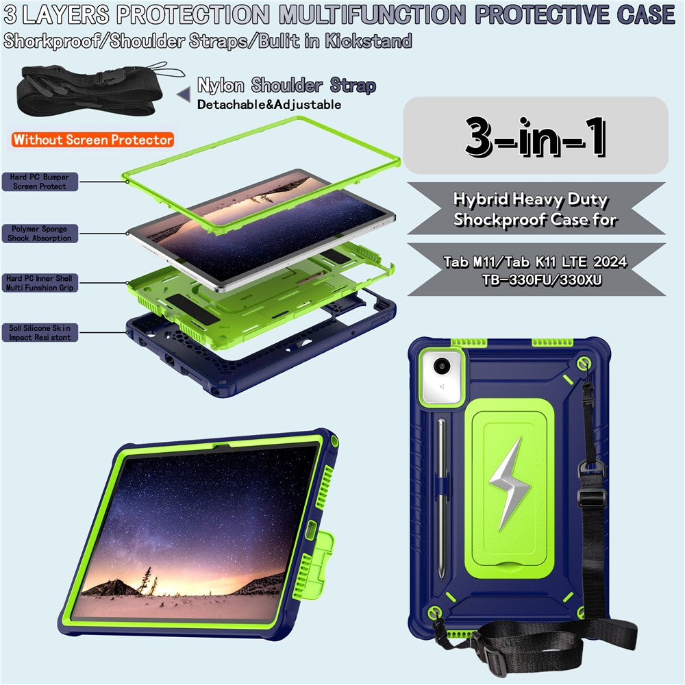 For Lenovo Tab M11 TB330FU / Xiaoxin Pad 11 2024 TB331FC Case Kickstand PC + Silicone Tablet Cover with Shoulder Strap - Navy Blue + Yellowgreen