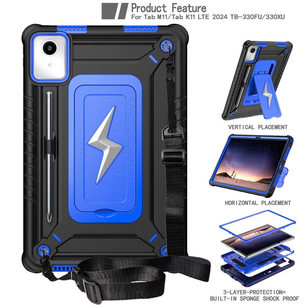 For Lenovo Tab M11 TB330FU / Xiaoxin Pad 11 2024 TB331FC Case Kickstand PC + Silicone Tablet Cover with Shoulder Strap - Black + Blue