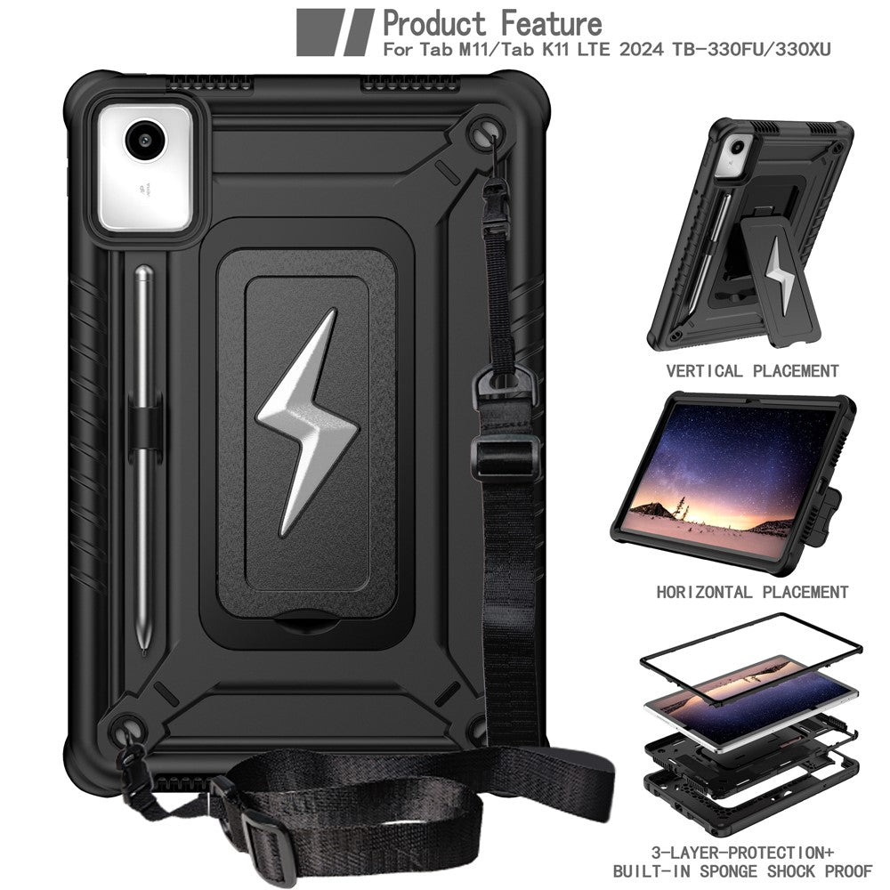 For Lenovo Tab M11 TB330FU / Xiaoxin Pad 11 2024 TB331FC Case Kickstand PC + Silicone Tablet Cover with Shoulder Strap - Black