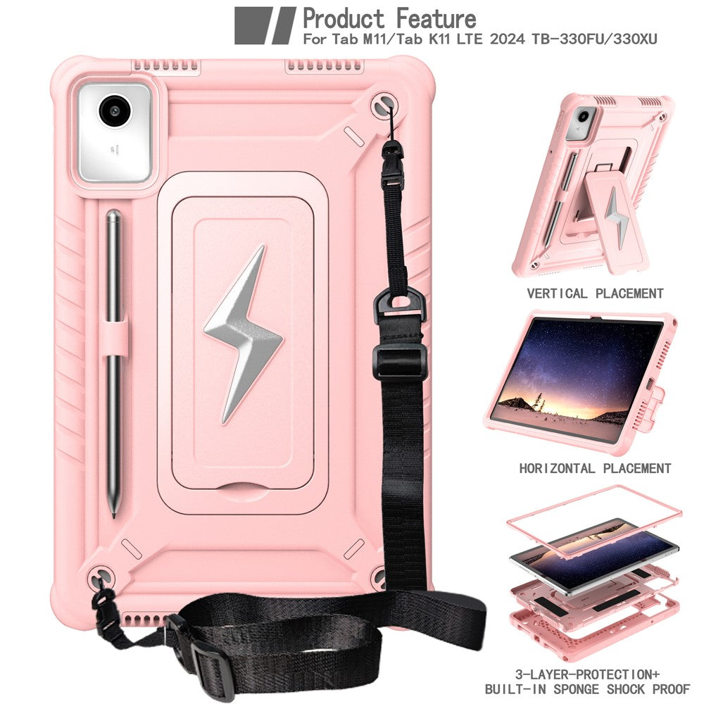 For Lenovo Tab M11 TB330FU / Xiaoxin Pad 11 2024 TB331FC Case Kickstand PC + Silicone Tablet Cover with Shoulder Strap - Rose Gold