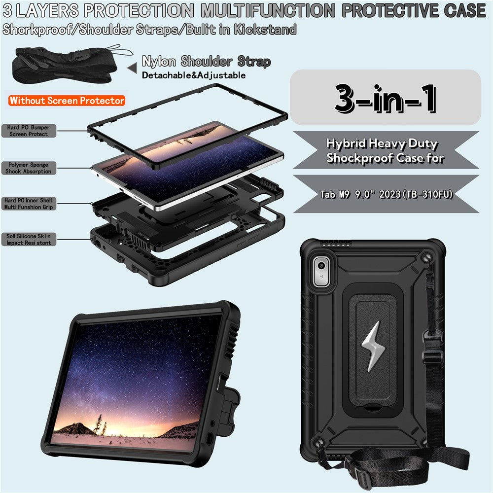 For Lenovo Nook 9 inch (2024) / Tab M9 TB-310FU TB-310FX Case Kickstand PC + Silicone Tablet Cover with Shoulder Strap - Black