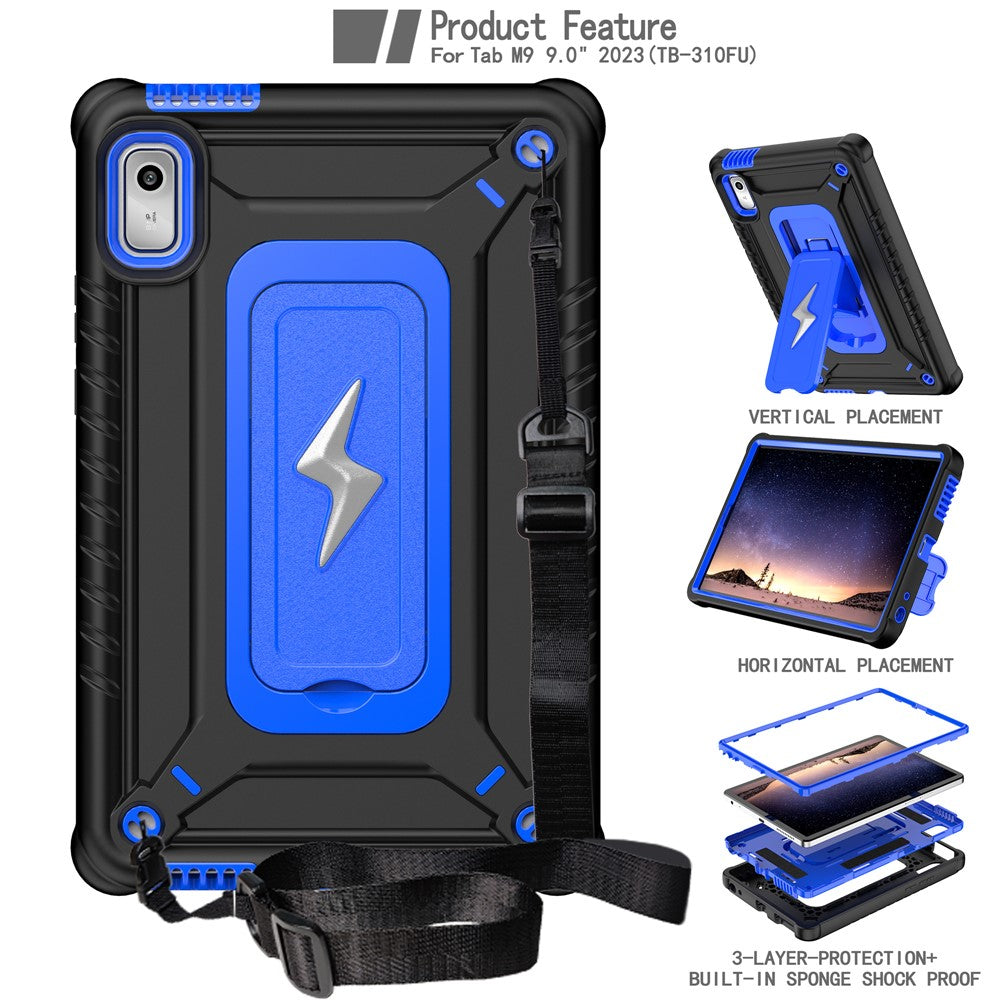 For Lenovo Nook 9 inch (2024) / Tab M9 TB-310FU TB-310FX Case Kickstand PC + Silicone Tablet Cover with Shoulder Strap - Black + Blue