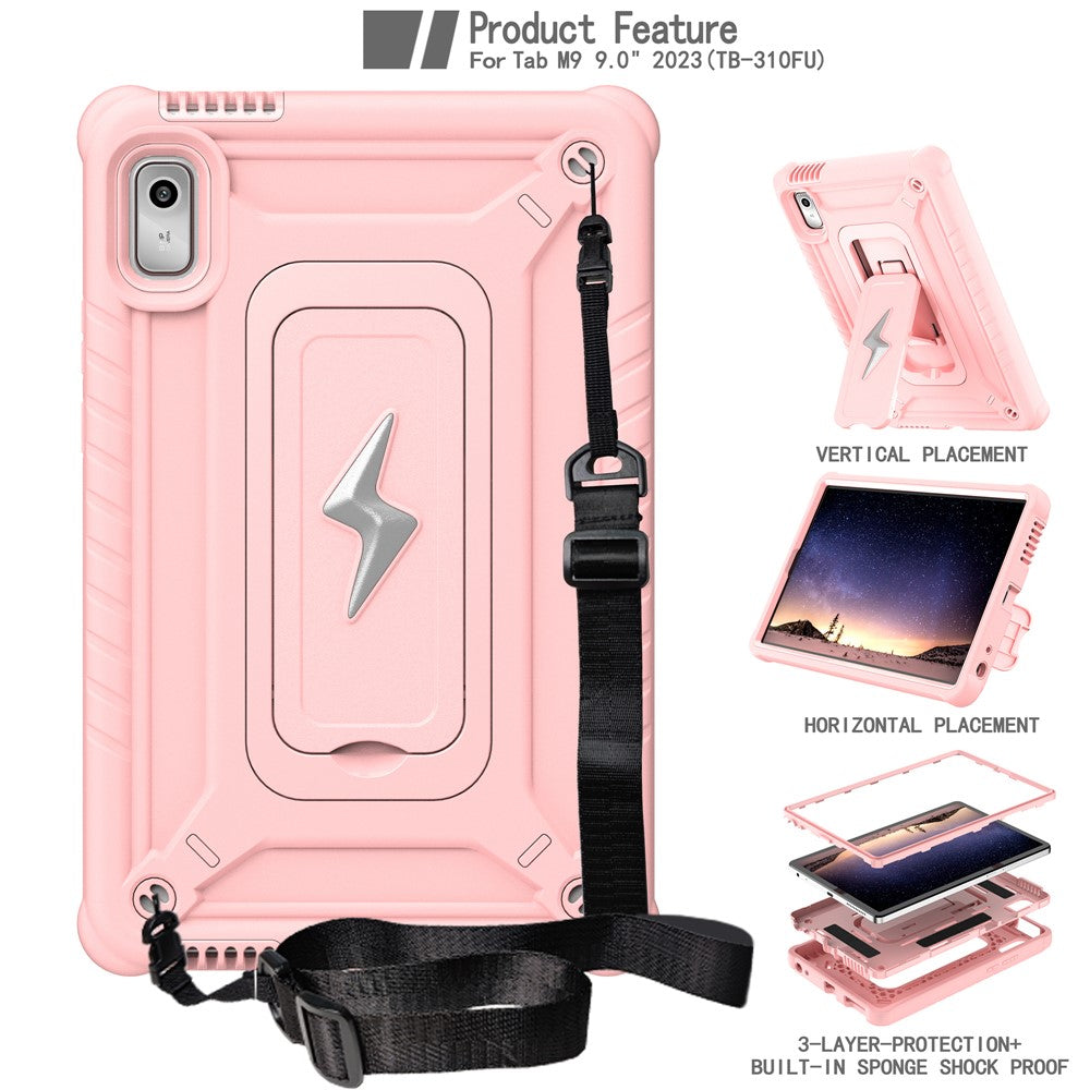 For Lenovo Nook 9 inch (2024) / Tab M9 TB-310FU TB-310FX Case Kickstand PC + Silicone Tablet Cover with Shoulder Strap - Rose Gold