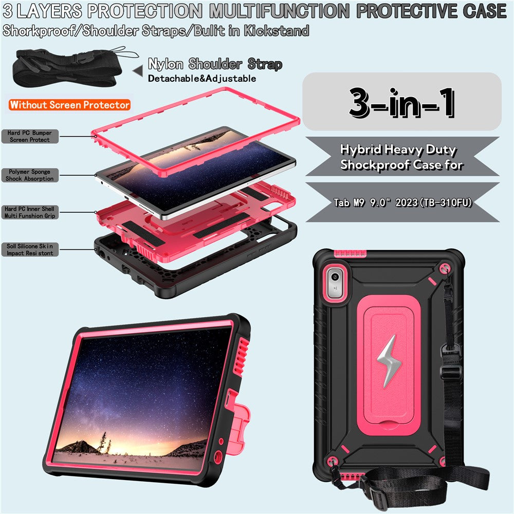 For Lenovo Nook 9 inch (2024) / Tab M9 TB-310FU TB-310FX Case Kickstand PC + Silicone Tablet Cover with Shoulder Strap - Black + Rose