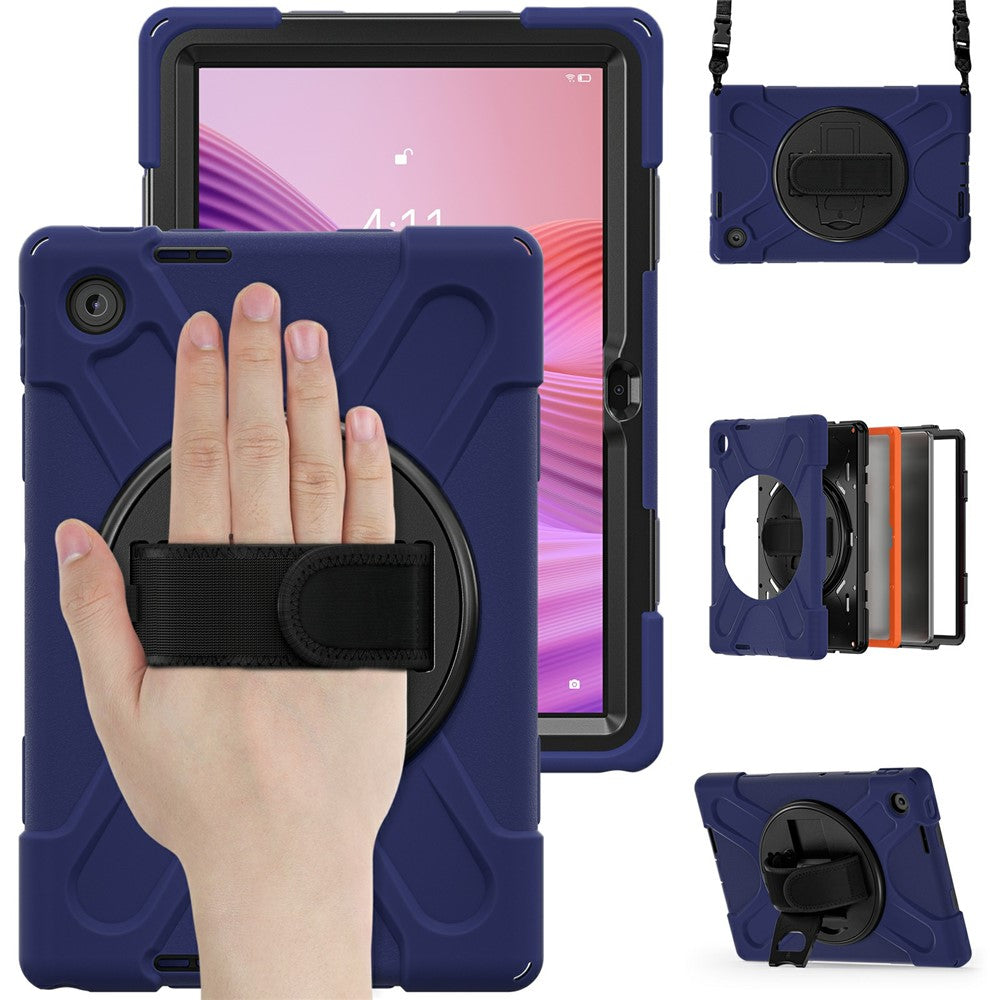 For Lenovo Tab 10.1 (2025) TB311XU / Zhaoyang K10C Kickstand Case TPU PC Silicone Tablet Cover with Shoulder Strap - Navy Blue