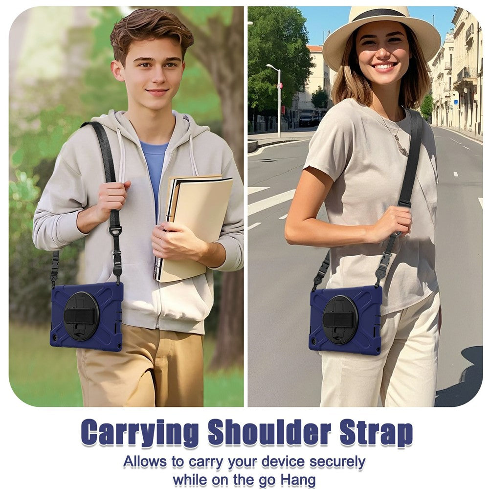 For Lenovo Tab 10.1 (2025) TB311XU / Zhaoyang K10C Kickstand Case TPU PC Silicone Tablet Cover with Shoulder Strap - Navy Blue