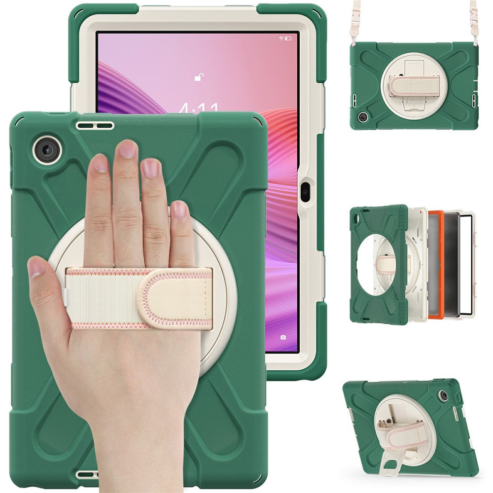 For Lenovo Tab 10.1 (2025) TB311XU / Zhaoyang K10C Kickstand Case TPU PC Silicone Tablet Cover with Shoulder Strap - Emerald Green