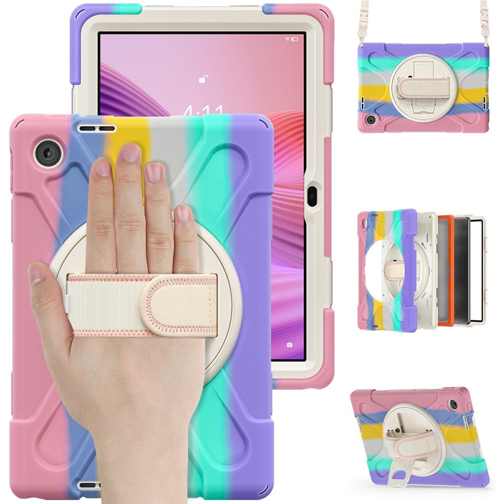 For Lenovo Tab 10.1 (2025) TB311XU / Zhaoyang K10C Kickstand Case TPU PC Silicone Tablet Cover with Shoulder Strap - Colorful Pink