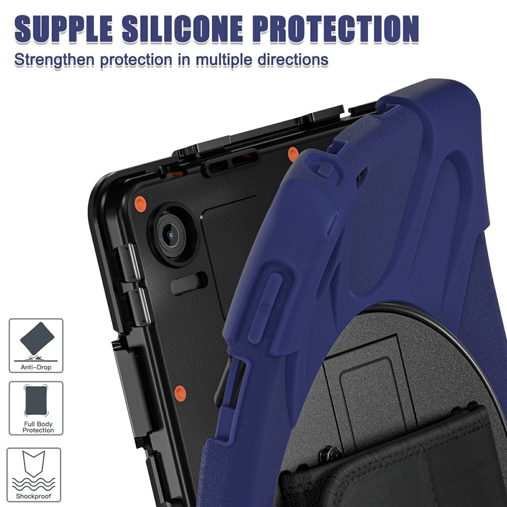 For Lenovo Tab 10.1 (2025) TB311XU / Zhaoyang K10C Case Rotary Kickstand PC+Silicone Hand Strap Tablet Cover - Navy Blue