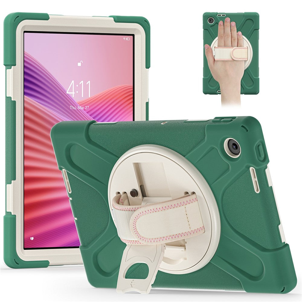 For Lenovo Tab 10.1 (2025) TB311XU / Zhaoyang K10C Case Rotary Kickstand PC+Silicone Hand Strap Tablet Cover - Emerald Green