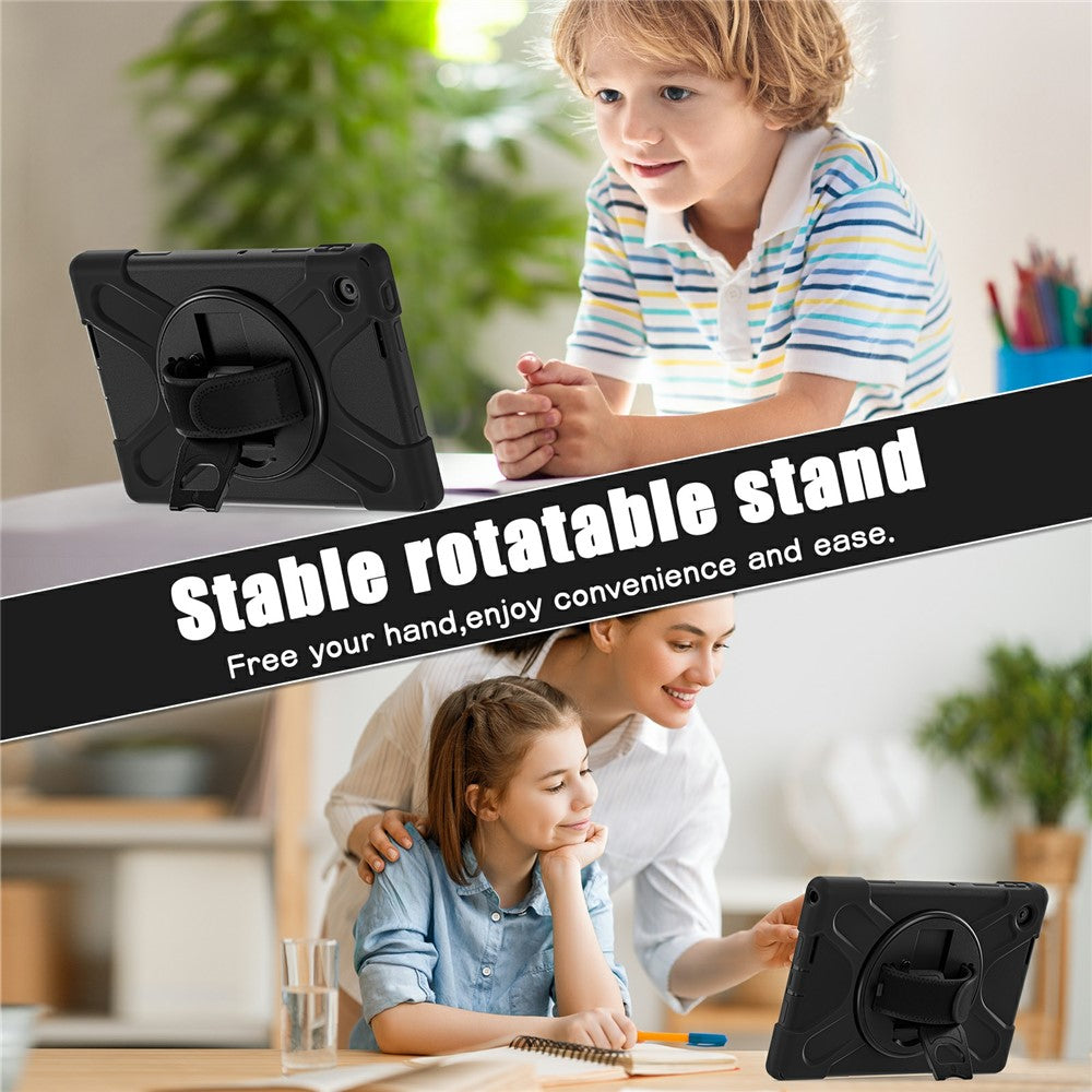 For Lenovo Tab 10.1 (2025) TB311XU / Zhaoyang K10C Case Rotary Kickstand PC+Silicone Hand Strap Tablet Cover - Black