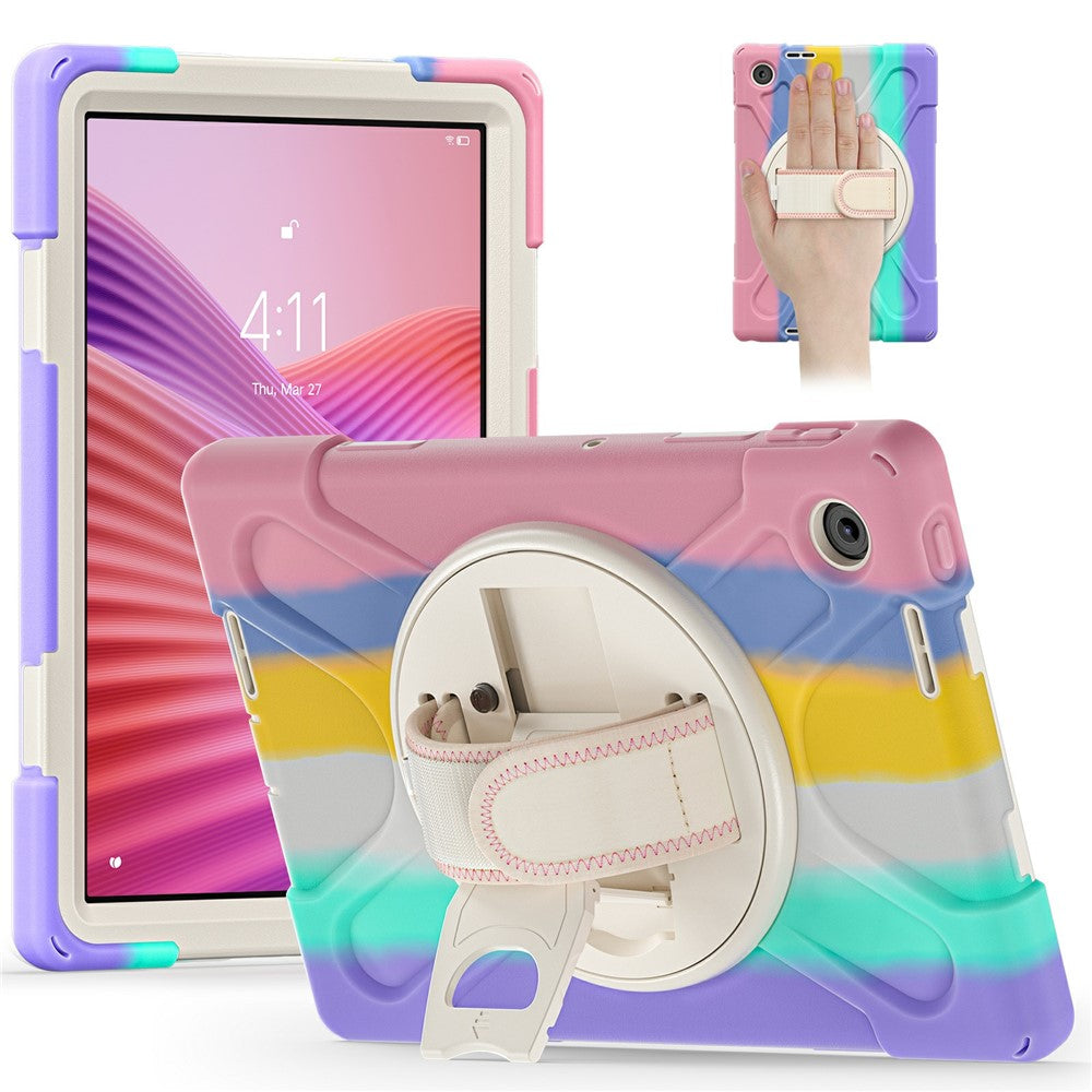 For Lenovo Tab 10.1 (2025) TB311XU / Zhaoyang K10C Case Rotary Kickstand PC+Silicone Hand Strap Tablet Cover - Colorful Pink