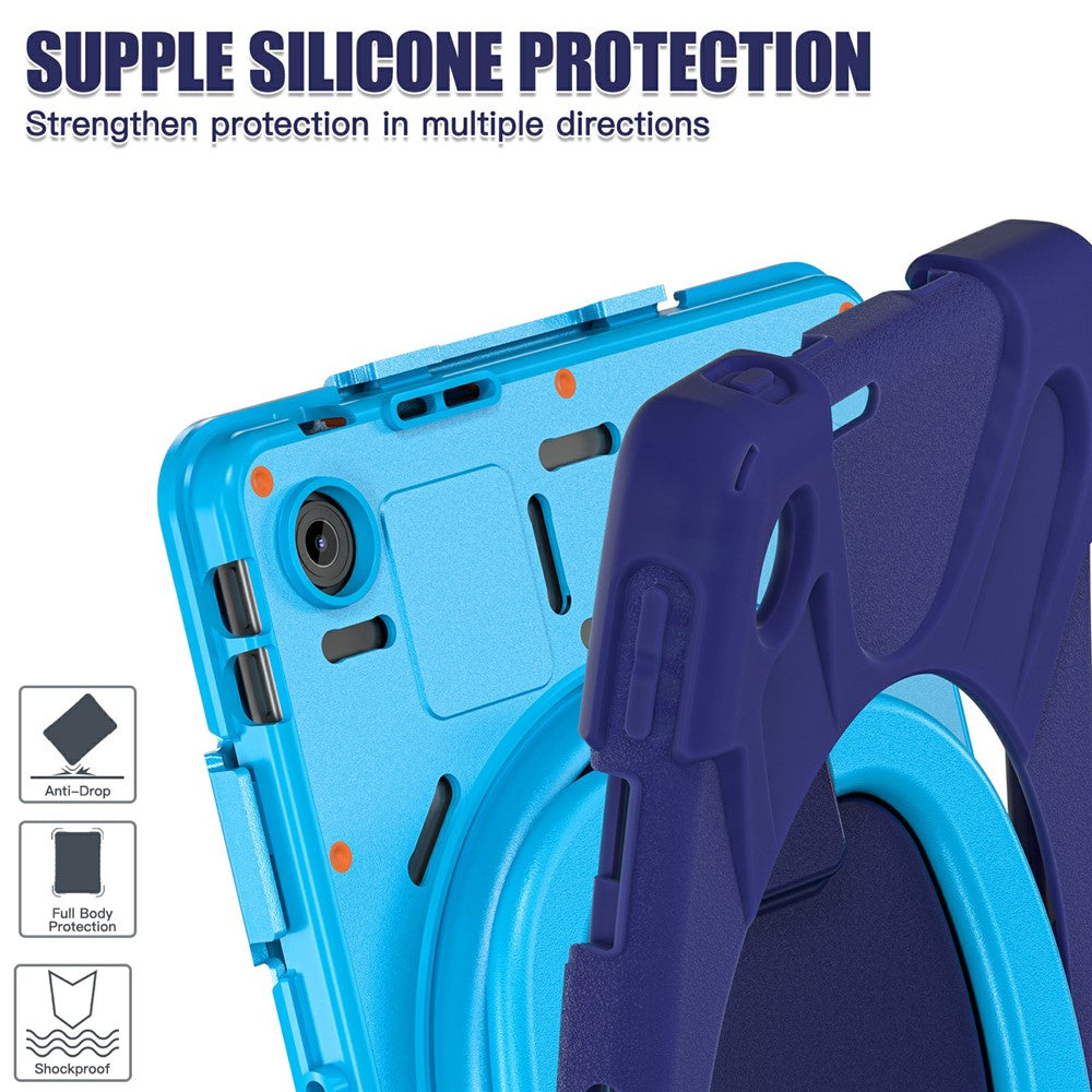 For Lenovo Tab 10.1 (2025) TB311XU / Zhaoyang K10C Case TPU + PC + Silicone Tablet Cover Swivel Kickstand Handle Grip - Navy Blue
