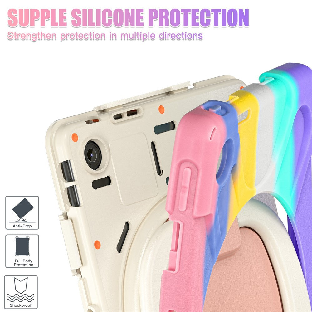 For Lenovo Tab 10.1 (2025) TB311XU / Zhaoyang K10C Case TPU + PC + Silicone Tablet Cover Swivel Kickstand Handle Grip - Colorful Pink