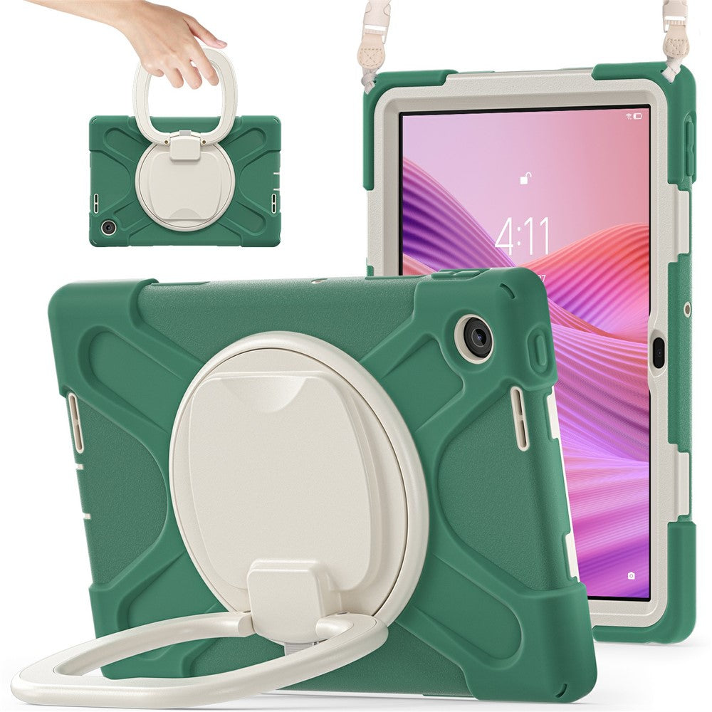 For Lenovo Tab 10.1 (2025) TB311XU2 / Zhaoyang K10C Case with Shoulder Strap TPU + PC + Silicone Kickstand Tablet Cover - Emerald Green