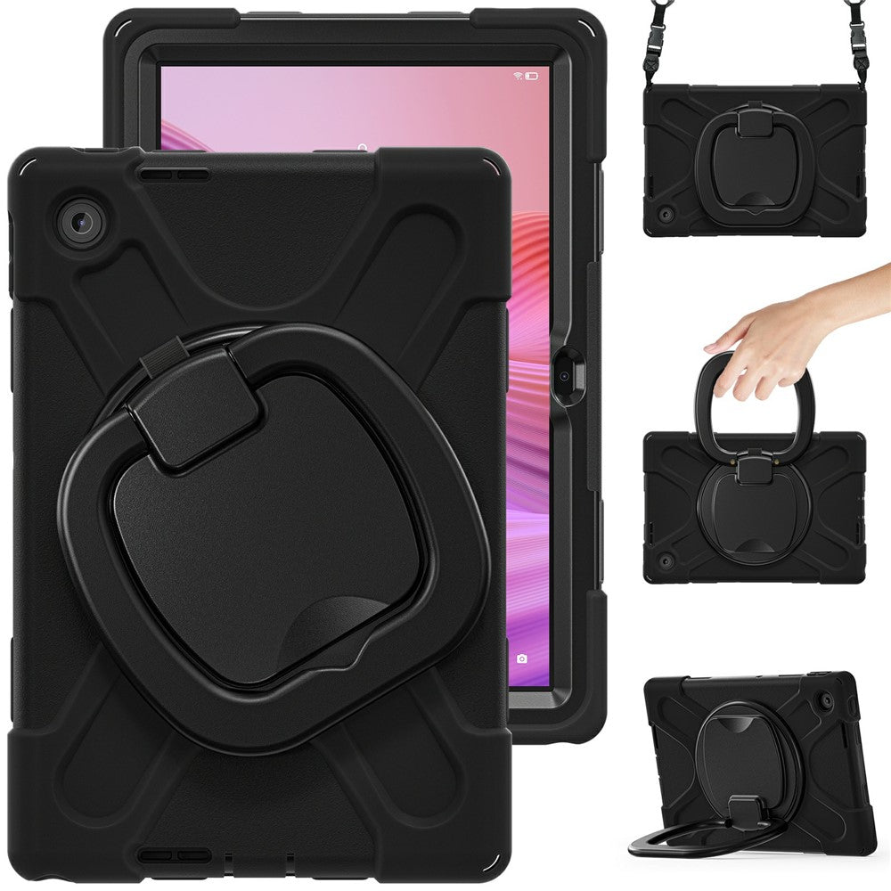 For Lenovo Tab 10.1 (2025) TB311XU2 / Zhaoyang K10C Case with Shoulder Strap TPU + PC + Silicone Kickstand Tablet Cover - Black