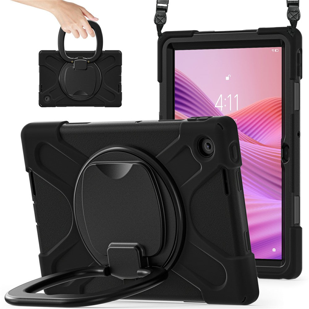 For Lenovo Tab 10.1 (2025) TB311XU2 / Zhaoyang K10C Case with Shoulder Strap TPU + PC + Silicone Kickstand Tablet Cover - Black