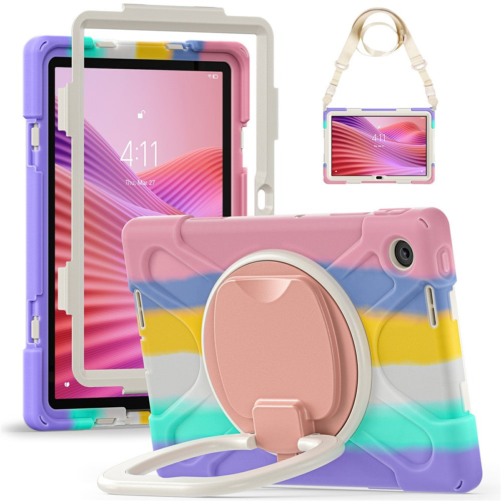 For Lenovo Tab 10.1 (2025) TB311XU2 / Zhaoyang K10C Case with Shoulder Strap TPU + PC + Silicone Kickstand Tablet Cover - Colorful Pink