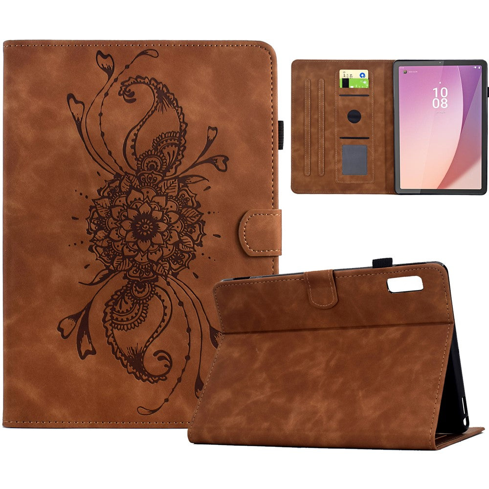 For Lenovo Tab M9 TB-310FU Case Mandala Imprinted Leather Tablet Cover with Card Slots - Brown