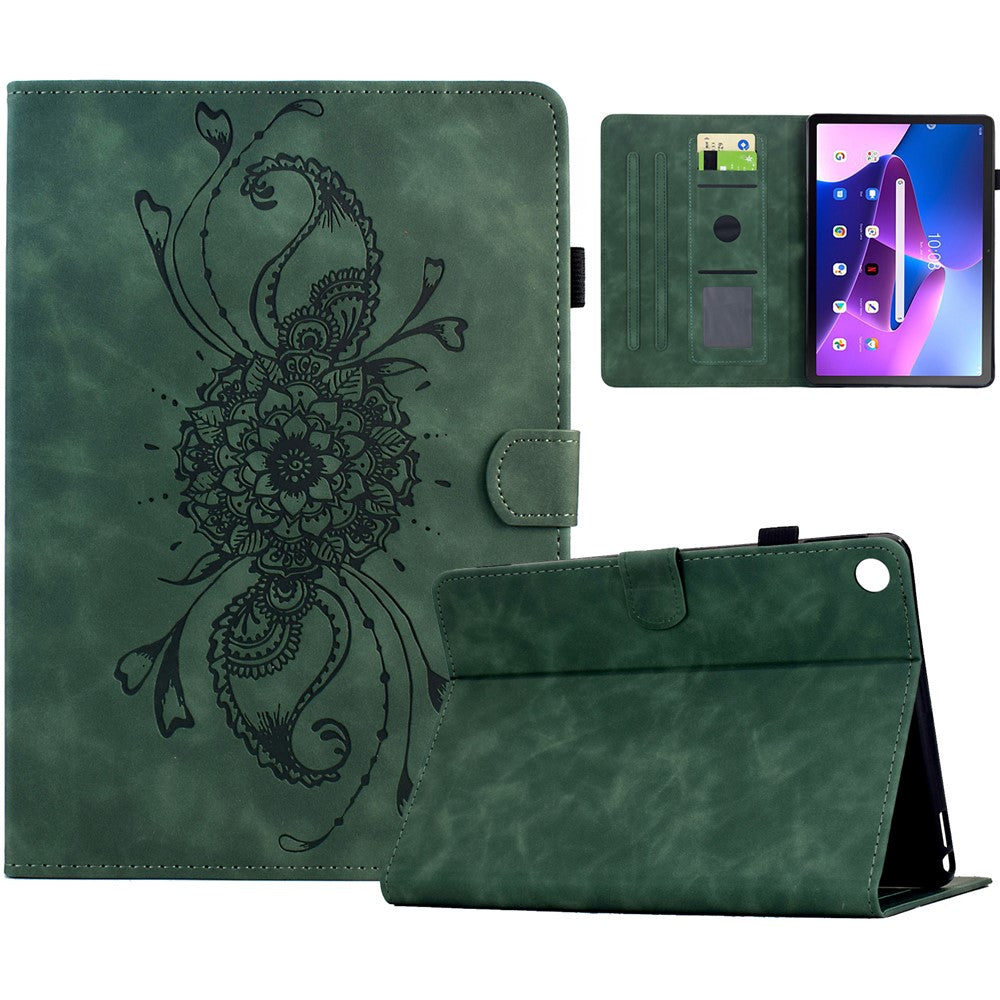 For Lenovo Tab M10 Plus (3rd Gen) Case Mandala Imprinted Leather Tablet Cover with Card Slots - Green