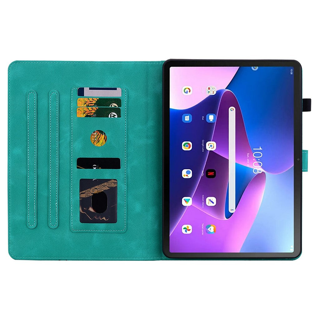 For Lenovo Tab TB311FU Case Lily Flower Imprint Card Slots Leather Tablet Cover - Green