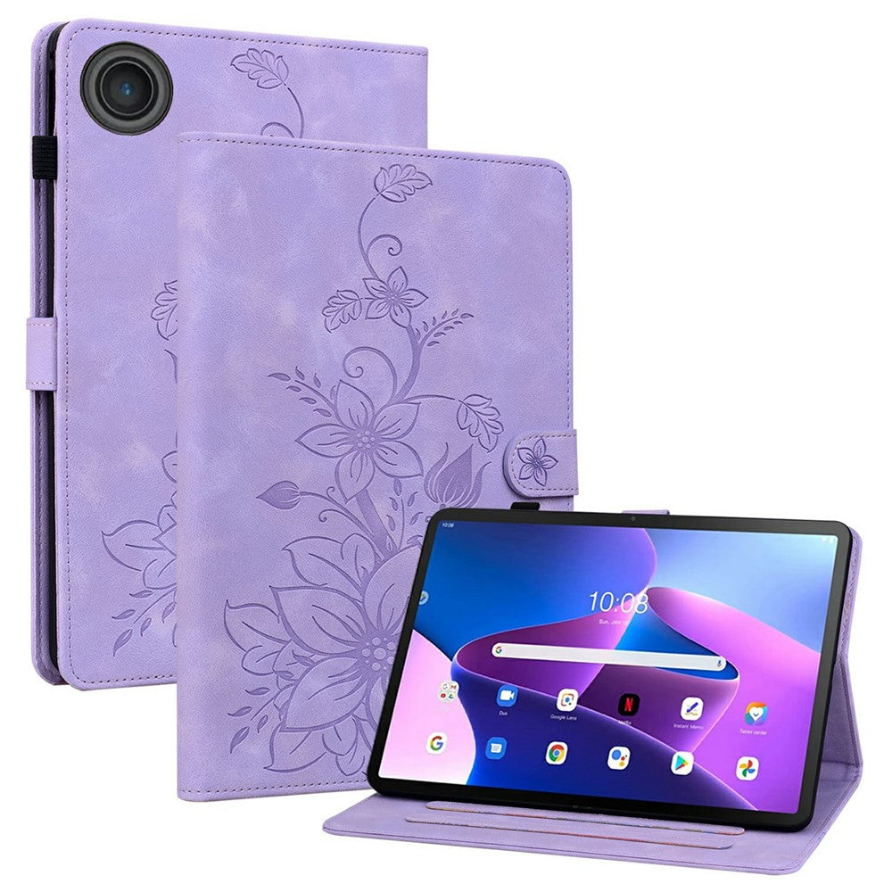 For Lenovo Tab TB311FU Case Lily Flower Imprint Card Slots Leather Tablet Cover - Purple
