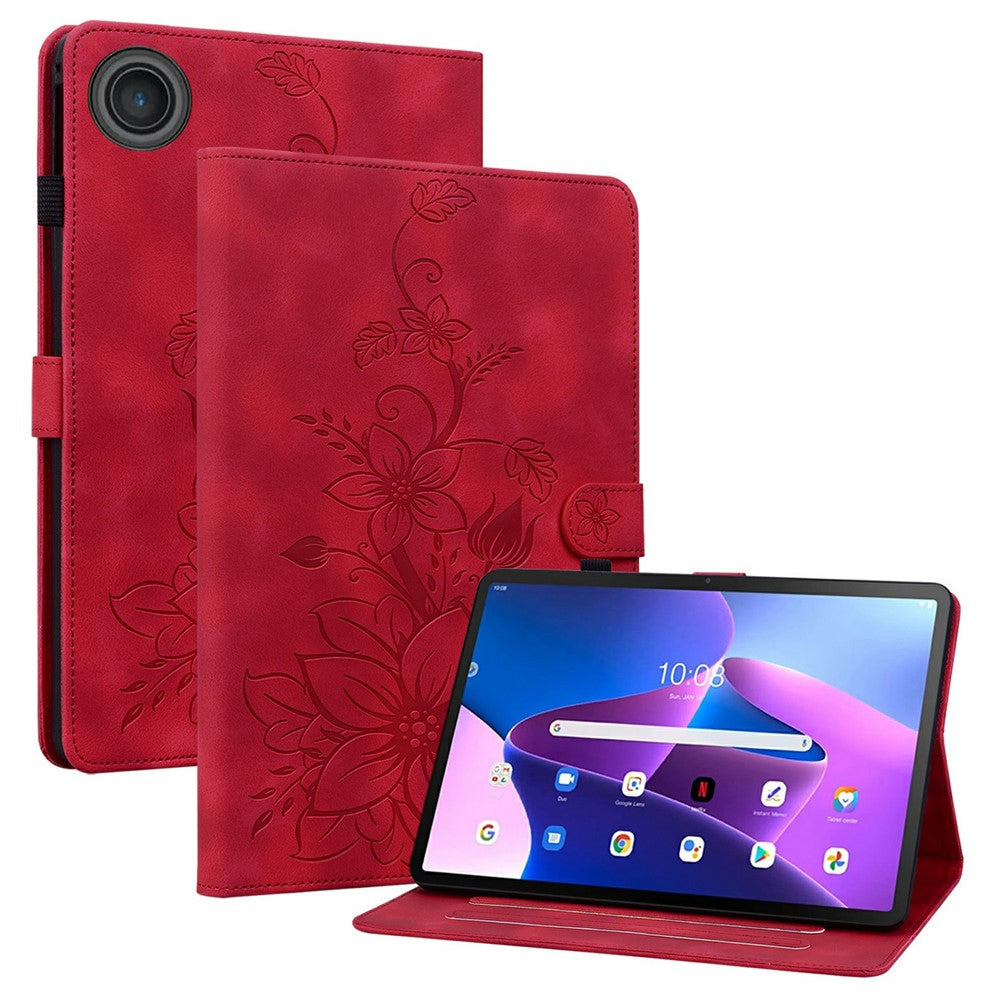For Lenovo Tab TB311FU Case Lily Flower Imprint Card Slots Leather Tablet Cover - Red