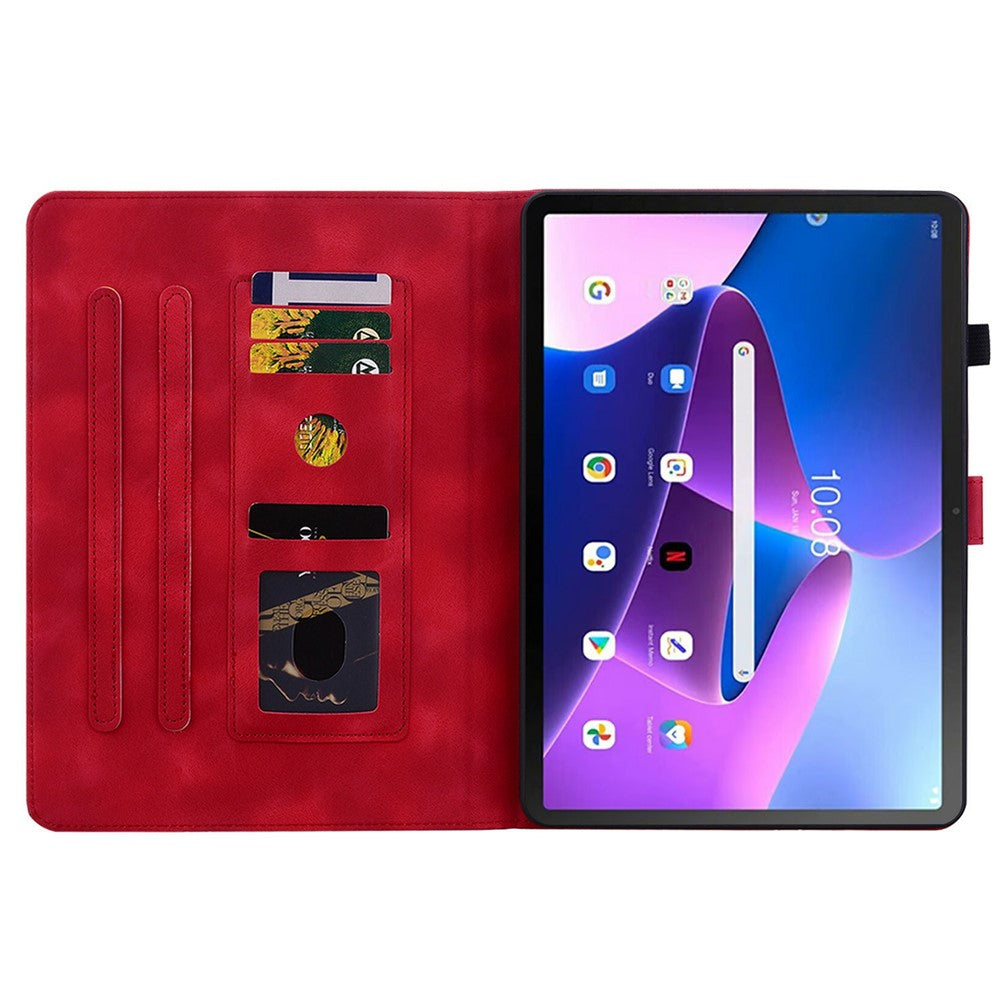 For Lenovo Tab TB311FU Case Lily Flower Imprint Card Slots Leather Tablet Cover - Red