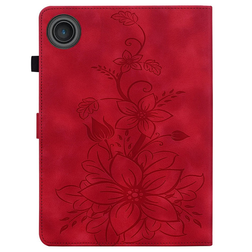 For Lenovo Tab TB311FU Case Lily Flower Imprint Card Slots Leather Tablet Cover - Red