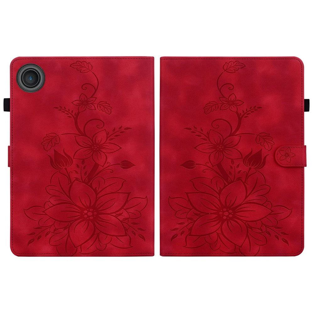 For Lenovo Tab TB311FU Case Lily Flower Imprint Card Slots Leather Tablet Cover - Red