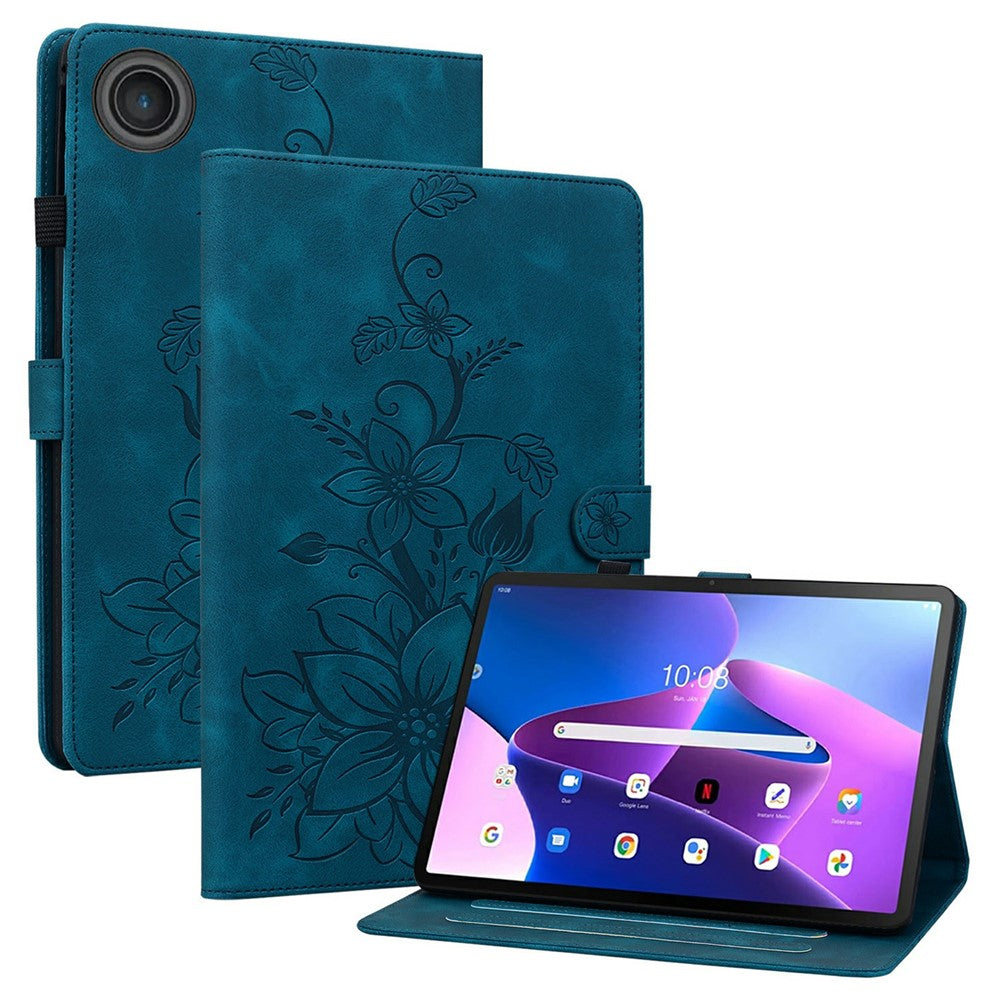 For Lenovo Tab TB311FU Case Lily Flower Imprint Card Slots Leather Tablet Cover - Blue