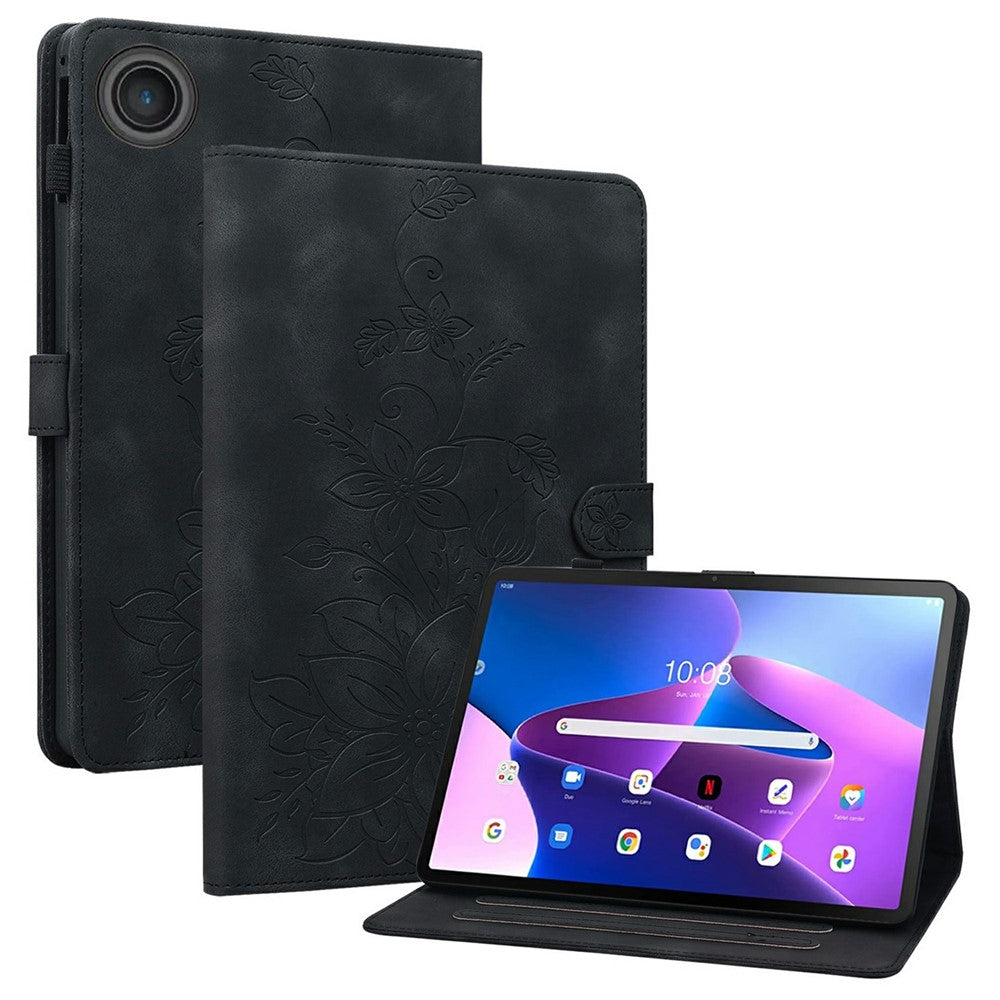 For Lenovo Tab TB311FU Case Lily Flower Imprint Card Slots Leather Tablet Cover - Black