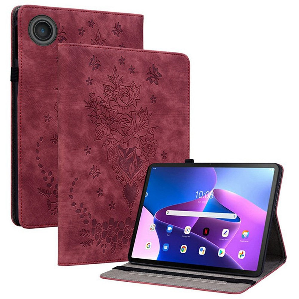 For Lenovo Tab TB311FU Case Card Holder Anti-Scratch Leather Cover Rose Flower Imprint - Red